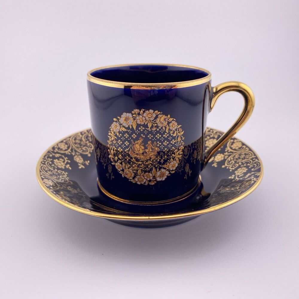 limoges castel france demitasse cup & saucer cobalt blue gold